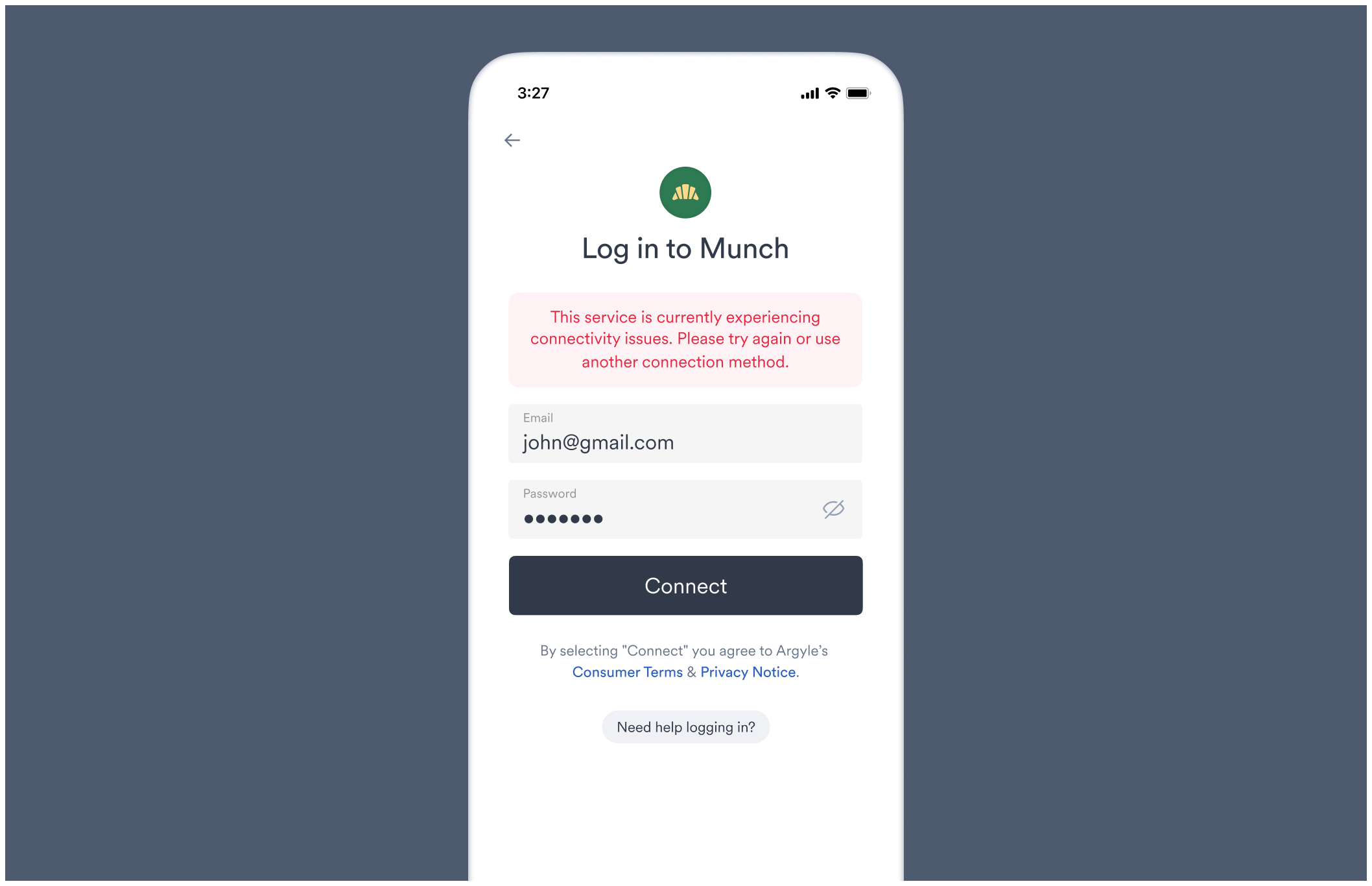 connection_unavailable Account Connection error