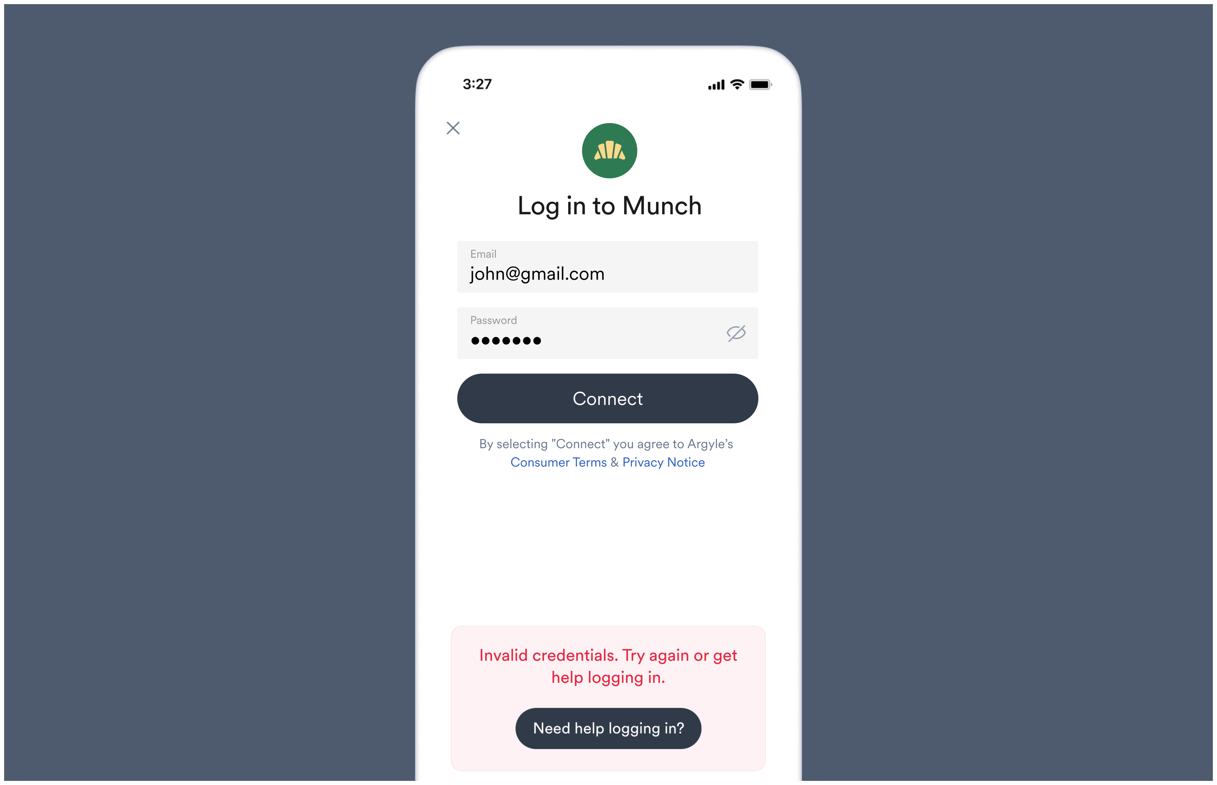 invalid_credentials Account Connection error