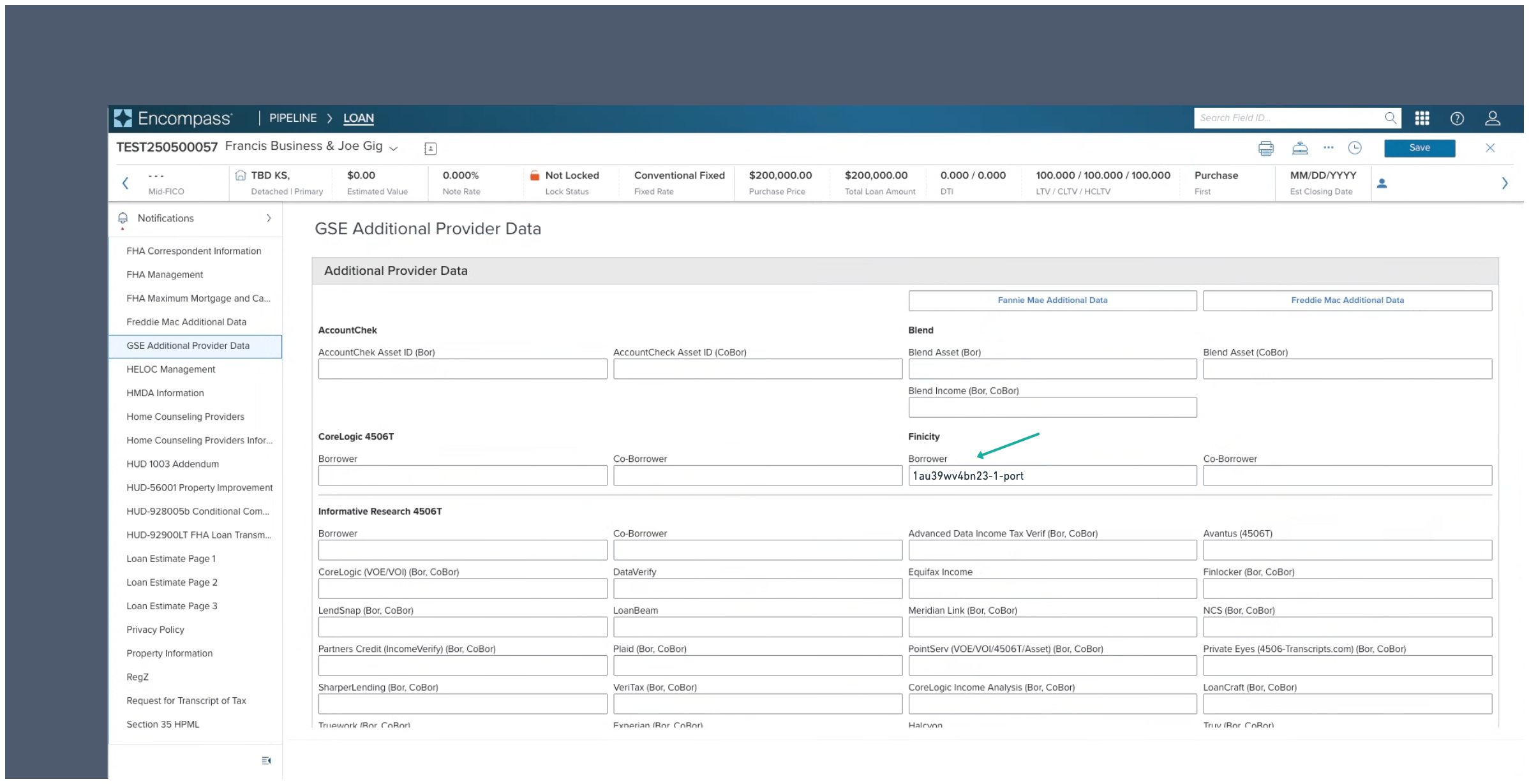 Submit GSE reference numbers to the Finicity borrower field in Encomapss.