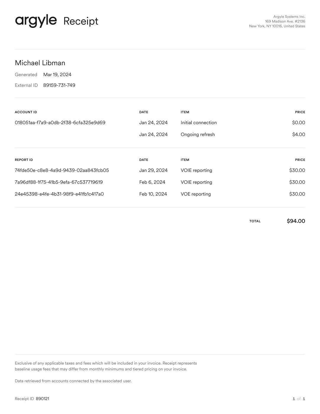 Example Argyle billing receipt.
