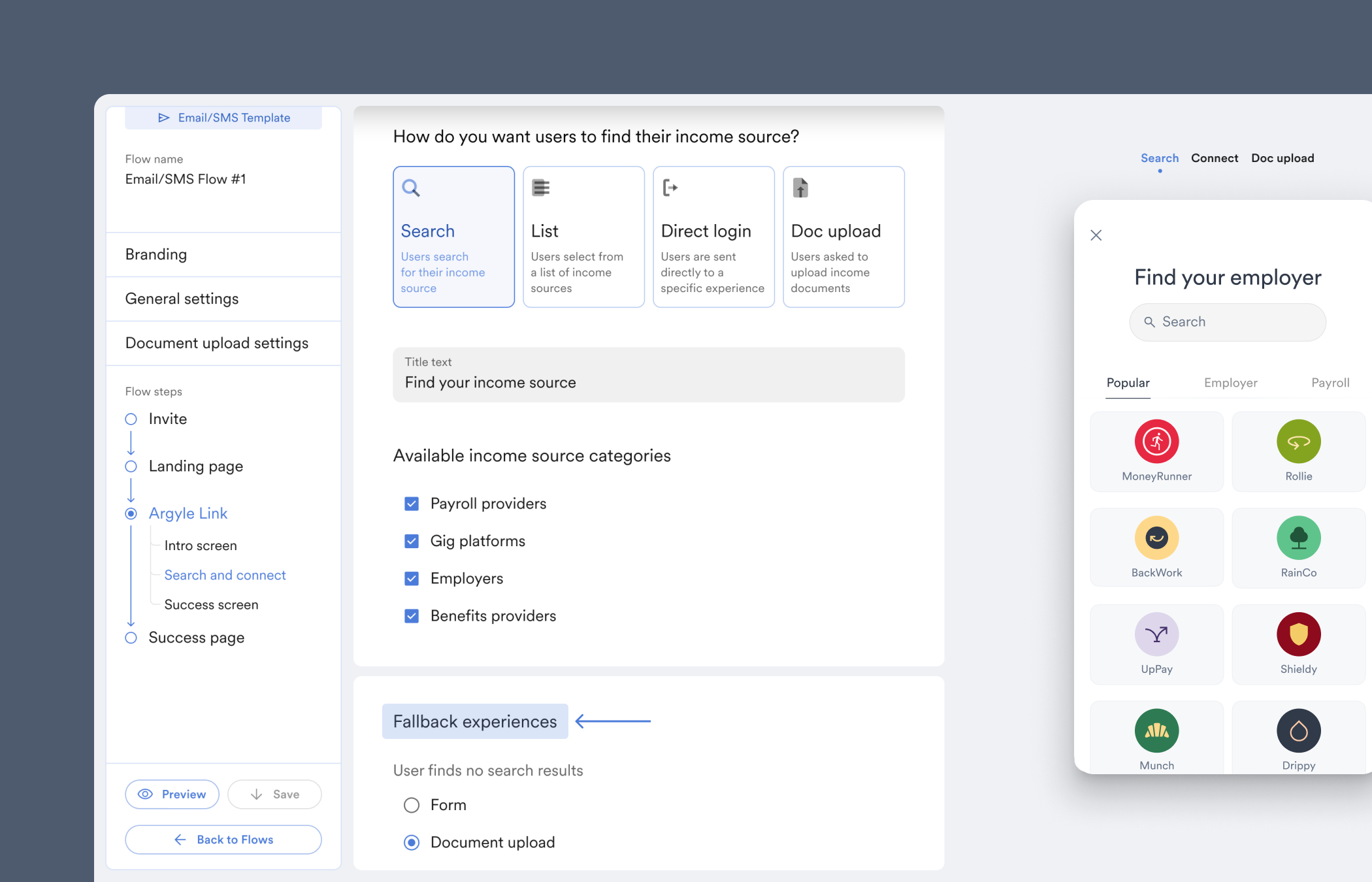 Select fallback experience to view different options you can give users who cannot find or connect to their payroll account.