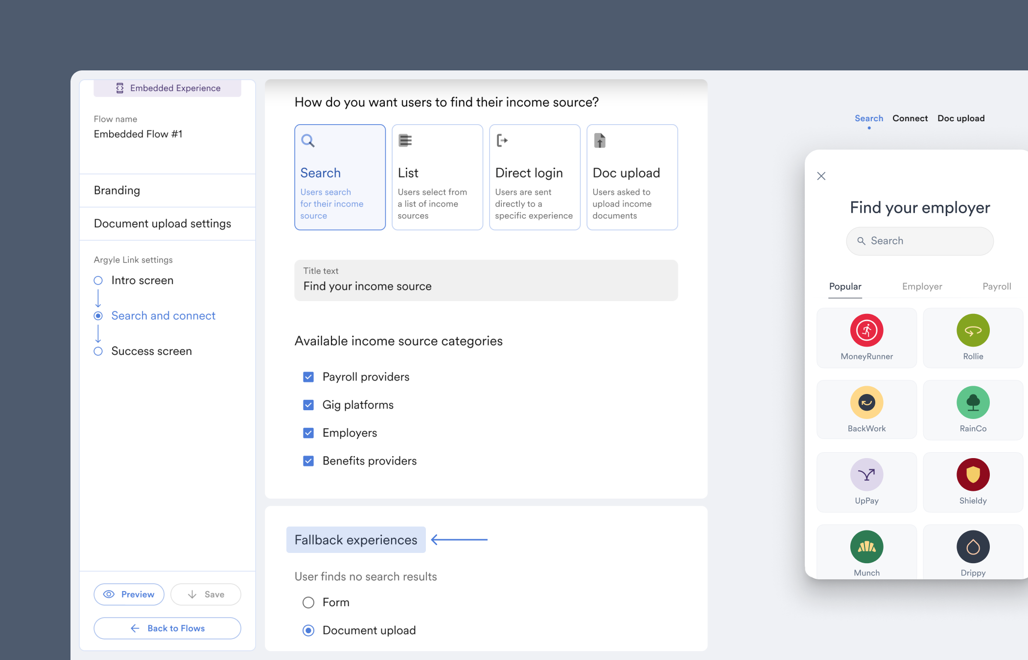 Select fallback experience to view different options you can give users who cannot find or connect to their payroll account.