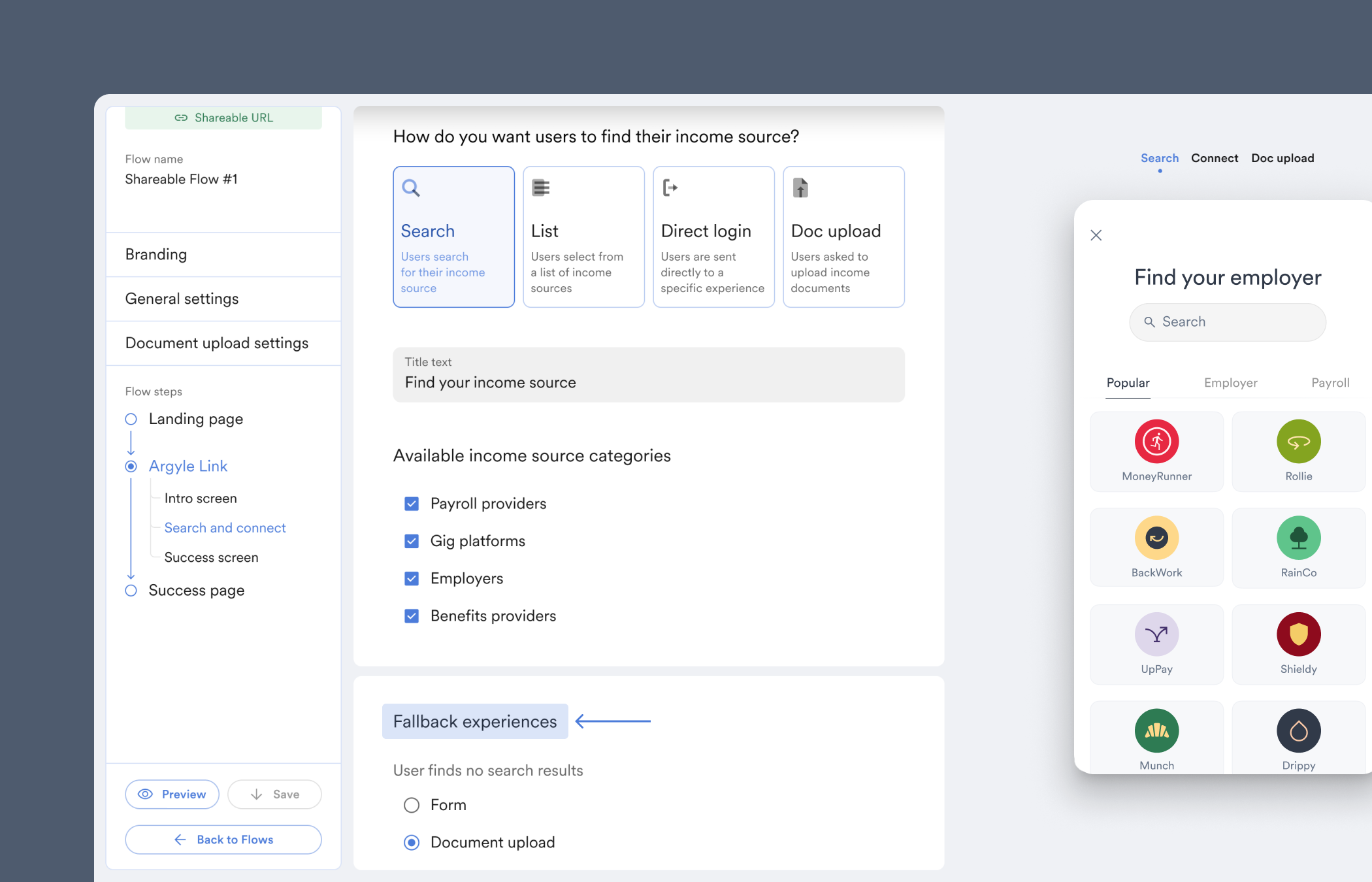 Select fallback experience to view different options you can give users who cannot find or connect to their payroll account.