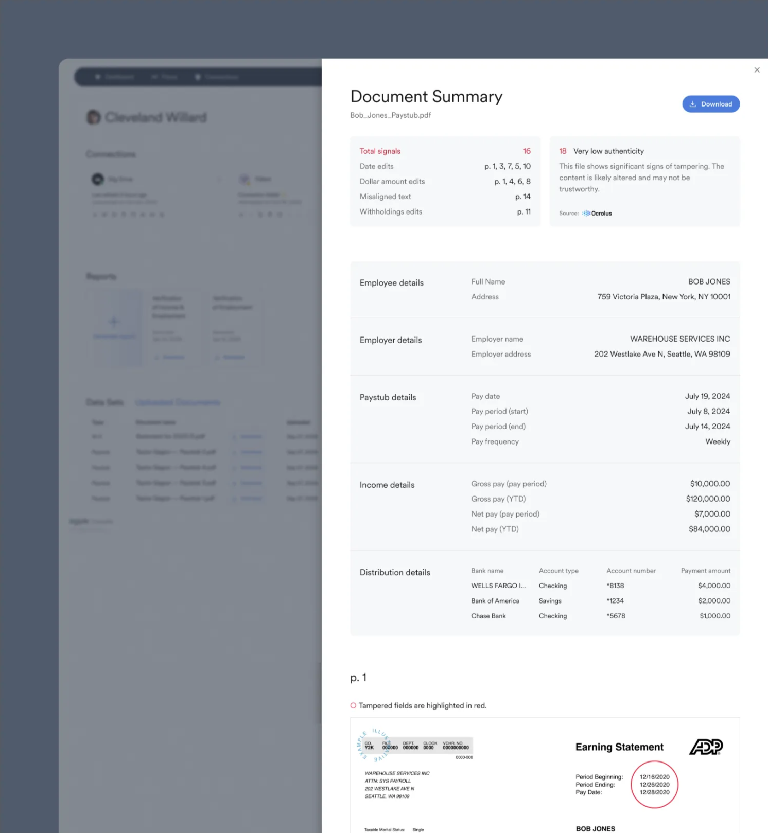 Summary information of document authenticity returned by Ocrolus can be viewed in Console.