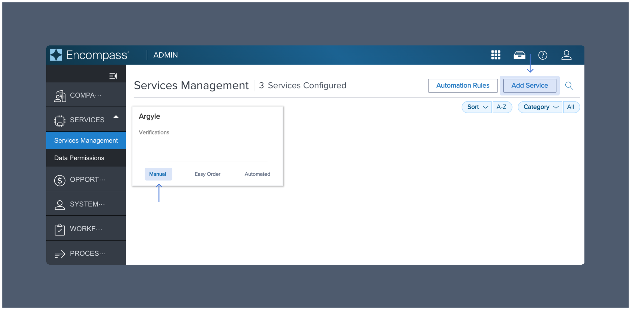Add Argyle as a loan service provider within the Services Management tab.