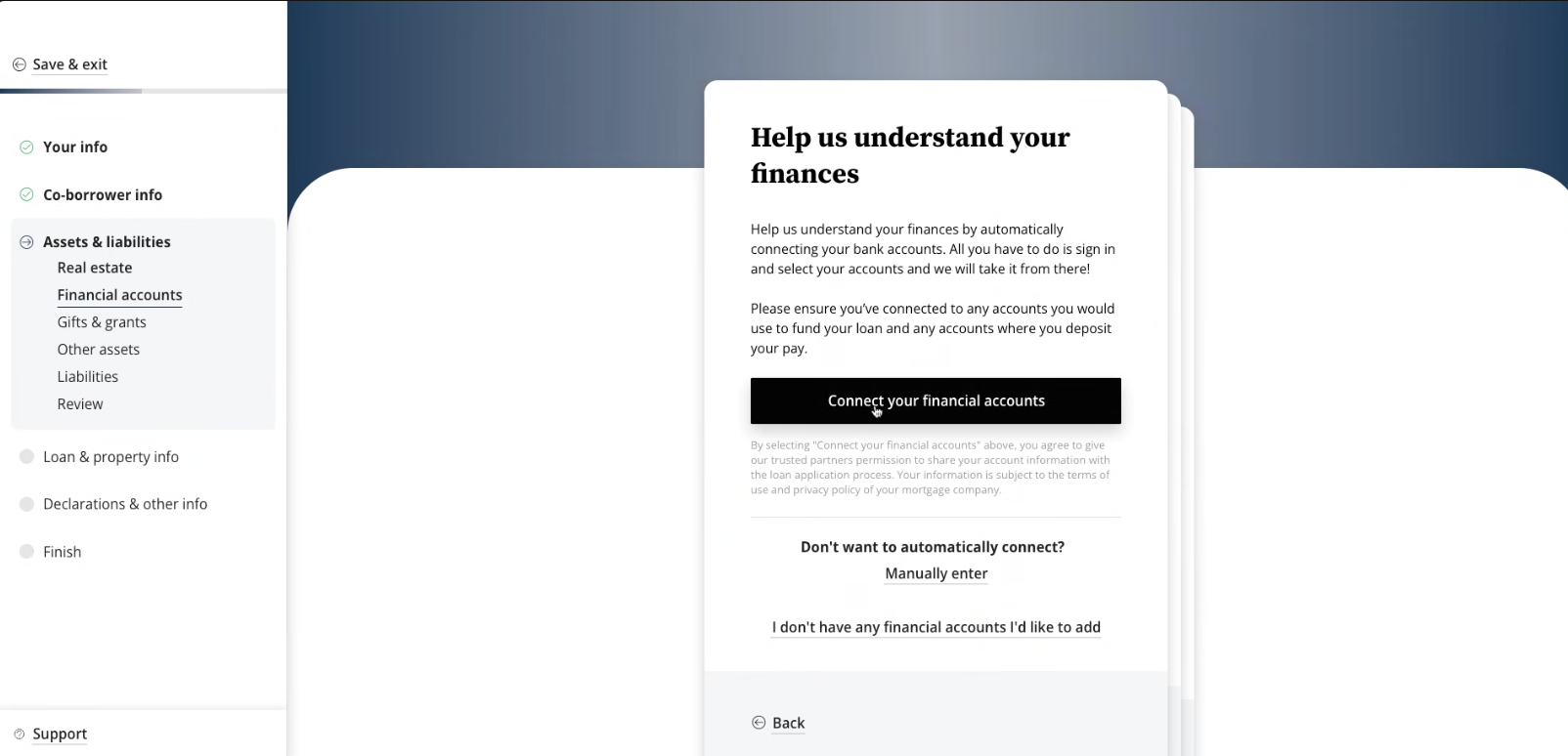 Connect financial accounts within the assets and  liabilities section of the nCino application.