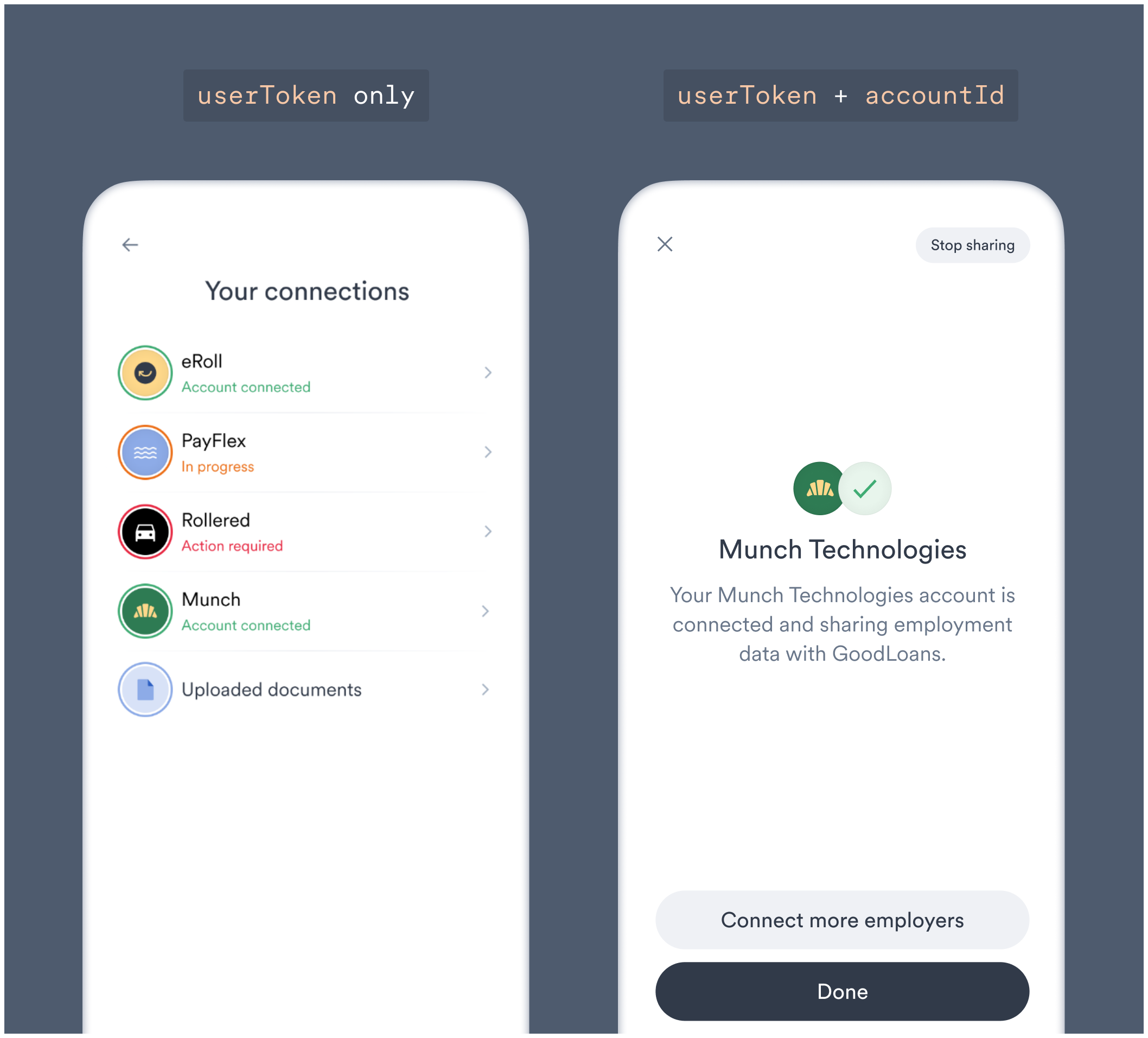 Combine userToken and accountId in your Link initialization to directly connect a user to an existing payroll account connected through Argyle.