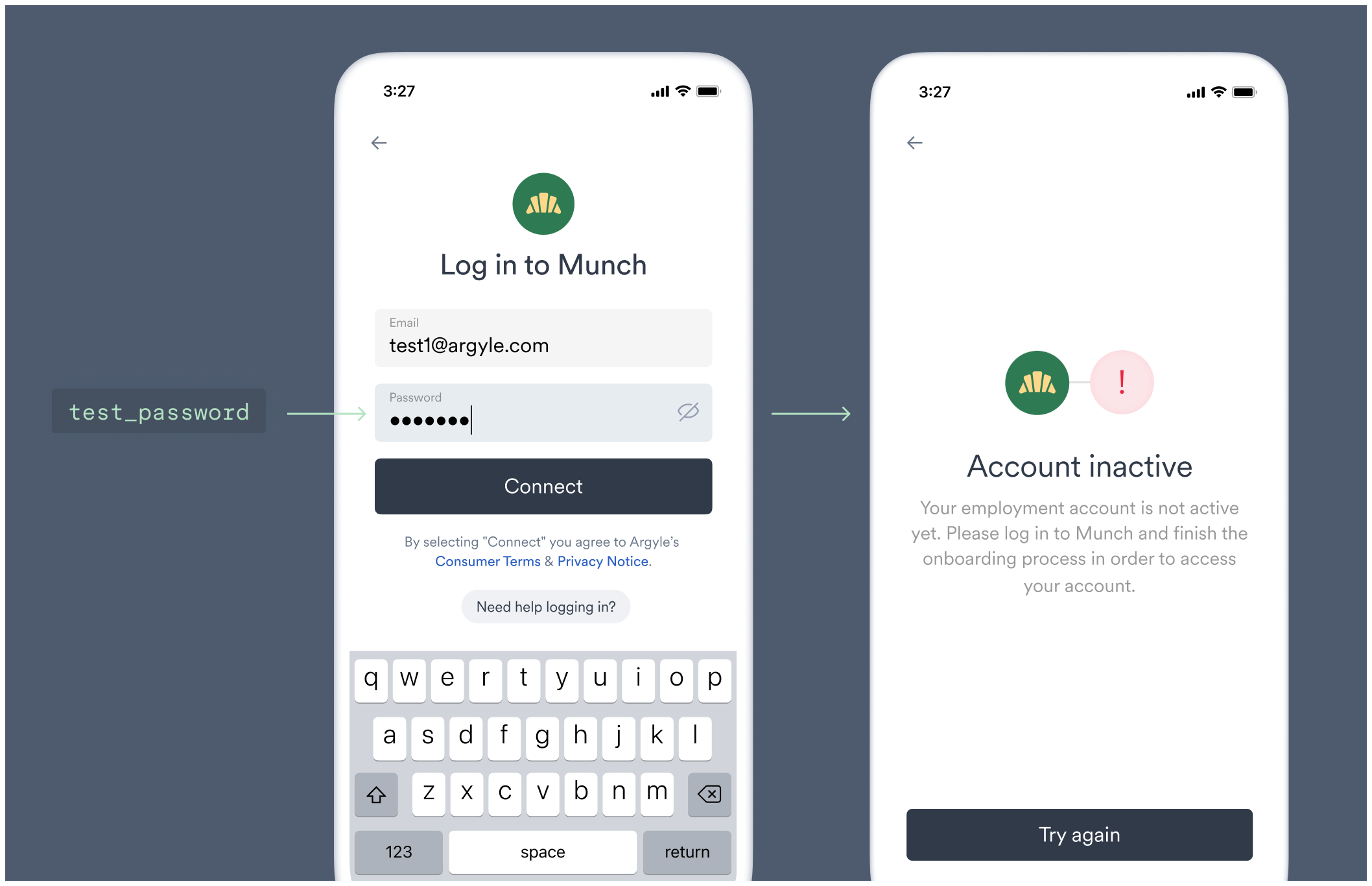 Use the test password when connecting a sample user to trigger the error.