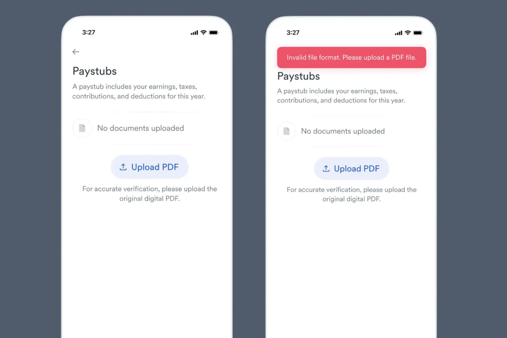 Link's doc upload button will change to say Upload PDF instead of Upload, and an invalid file format error will be shown if the user attempts to upload a non-pdf file type.