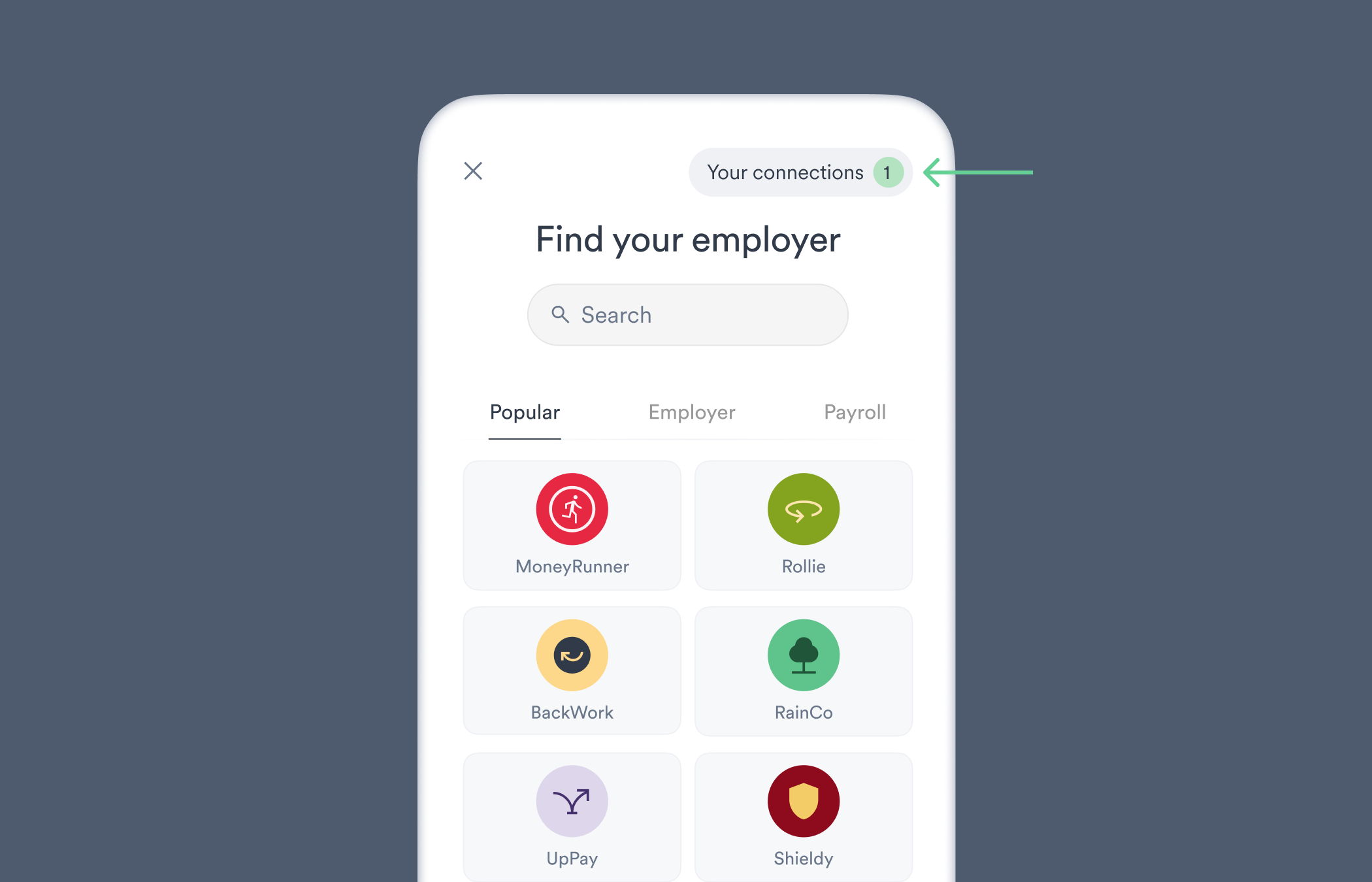 The user can see and enter the currently connected accounts in the upper right of Link's search screen.